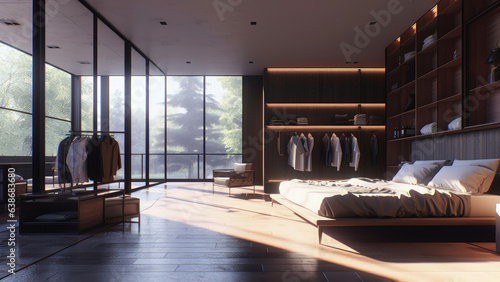 Sunlit forest bedroom with open closet and wood finish interior framed by floor-to-ceiling glass windows. Photorealistic illustration  Generative AI