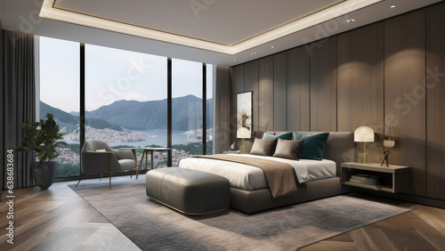 A sunlit bedroom with floor-to-ceiling glass windows and a panoramic river view, featuring a warm and cozy wood finish interior. Photorealistic illustration, Generative AI © DIMENSIONS