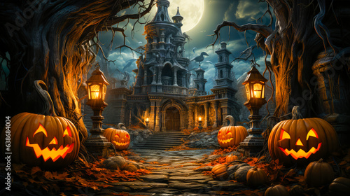Halloween Pumpkin Haunted Mansion House Spooky Ghost Trick Or Treat Jack O Lantern