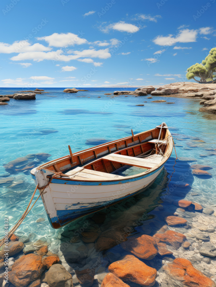  small fishing boat in a tranquil sea on a sunny day 
