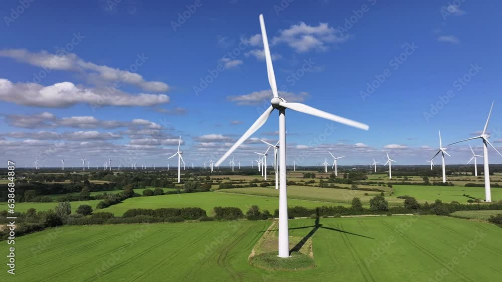 Wind turbines farming wind energy, green fields, blue sky, countryside, sunny, slow drone orbit, slow shutter