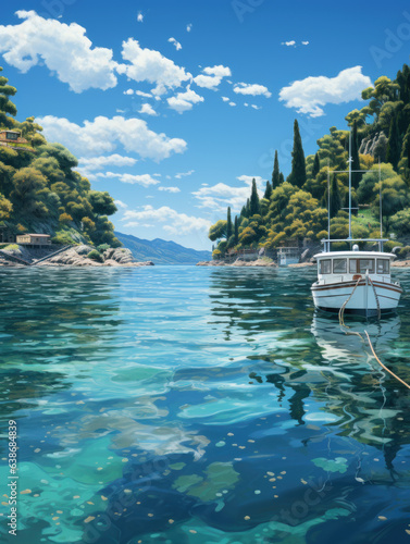  small ferry in a serene bay on a sunny day realistic 