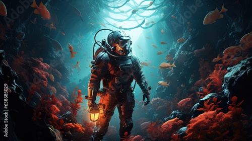 deep sea diver, digital art illustration, Generative AI