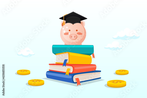 Pink piggy bank wearing graduated hat on stack on school textbooks and dollar money coins, education fund, collect money for school, college and university cost or student scholarship or loan (Vector)