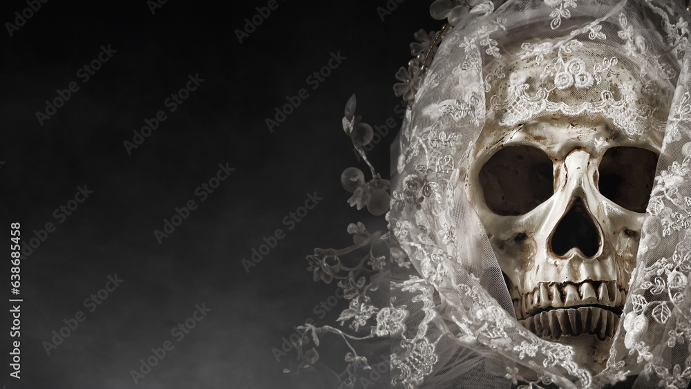 Photo of a Skull of a Bride with Veil in Dark Background for Halloween concept Photo of a Skull of a Bride with Veil in Dark Background for Halloween concept