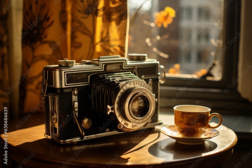 Vintage Camera Displayed In A Sunlit, Generative AI