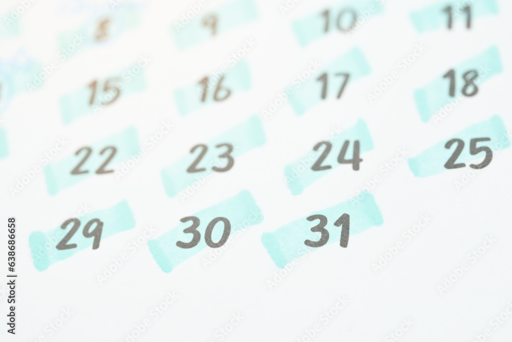 white calendar of last day on month, concept new year and countdown white calendar of last day on month, concept new year and countdown