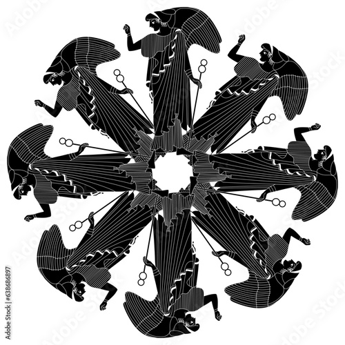 Round star shape ornament with winged female figures or angels. Ancient Greek goddess Nike or Victory. Black and white silhouette.