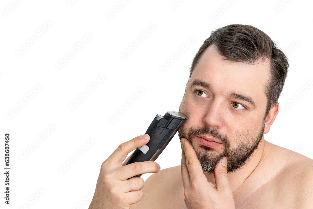 unshaven young man perfect skin hold electric razor shaving, isolated. Skin care healthcare cosmetic procedures concept. Grooming for the modern man. handsome man using electric razor unshaven young man perfect skin hold electric razor shaving, isolated. Skin care healthcare cosmetic procedures concept. Grooming for the modern man. handsome man using electric razor