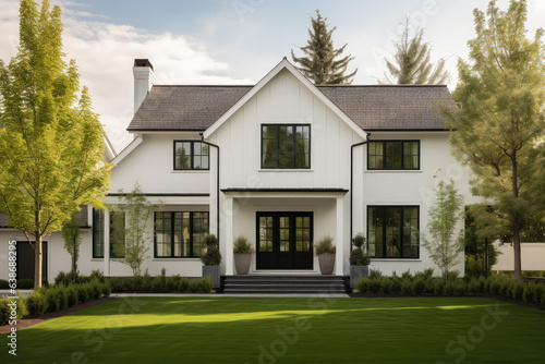 a white farmhouse with black trim and yard  pool  luxury car