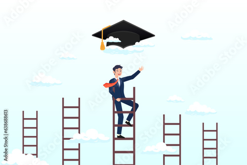 Poor man climbing with ladder to reach high graduated mortarboard on the cloud, education cost, expensive school or university cost, education gap or scholarship opportunity (Vector)