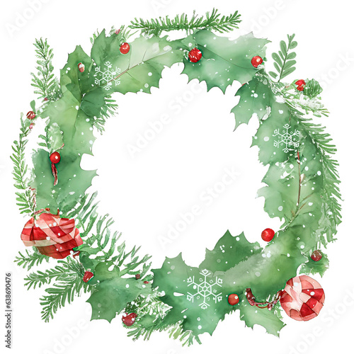 drawing of Christmas wreath with red ribbon in watercolor style