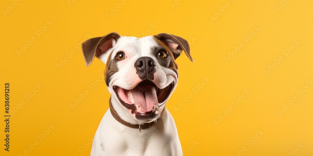 Generative AI : Happy dog puppy winking an eye and smiling on colored yellow backgorund with closed eyes. Generative AI : Happy dog puppy winking an eye and smiling on colored yellow backgorund with closed eyes.