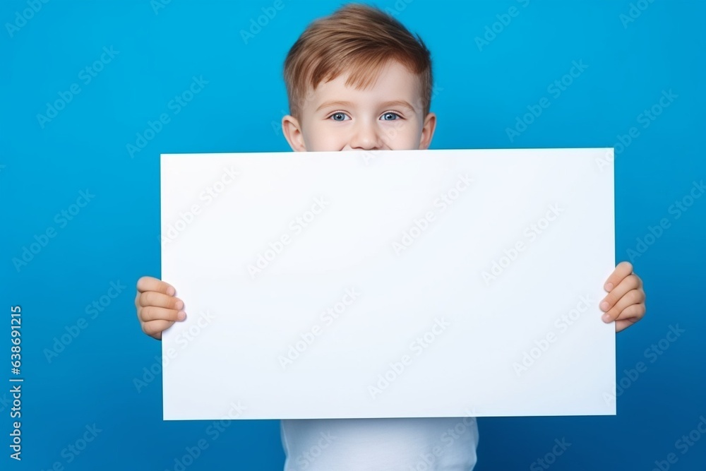 Generative AI : Happy children with empty board for your text isolated over yellow background, copy space Generative AI : Happy children with empty board for your text isolated over yellow background, copy space