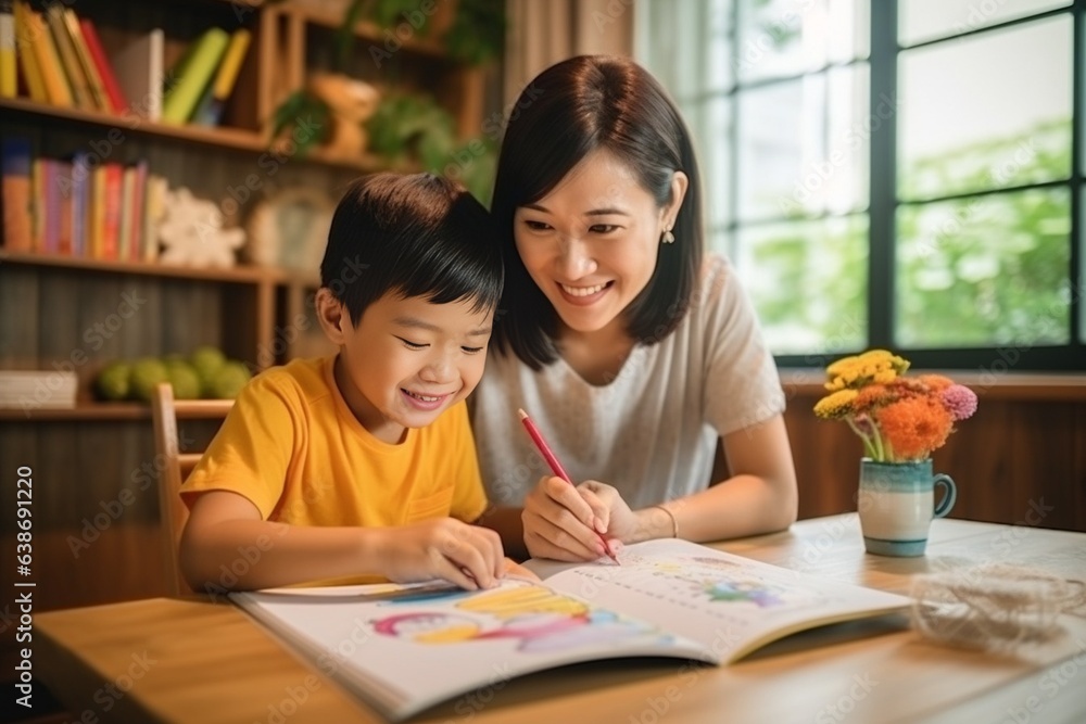 Generative AI : Happy boy painting with crayon and colored pencil with his mother in living room at home. Generative AI : Happy boy painting with crayon and colored pencil with his mother in living room at home.