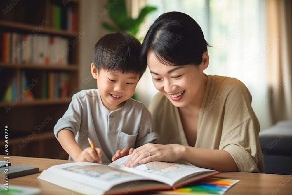 Generative AI : Happy boy painting with crayon and colored pencil with his mother in living room at home. Generative AI : Happy boy painting with crayon and colored pencil with his mother in living room at home.