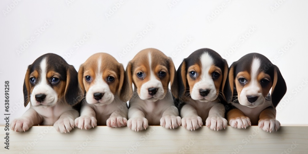 Generative AI : Five beagle Puppies isolated on white background