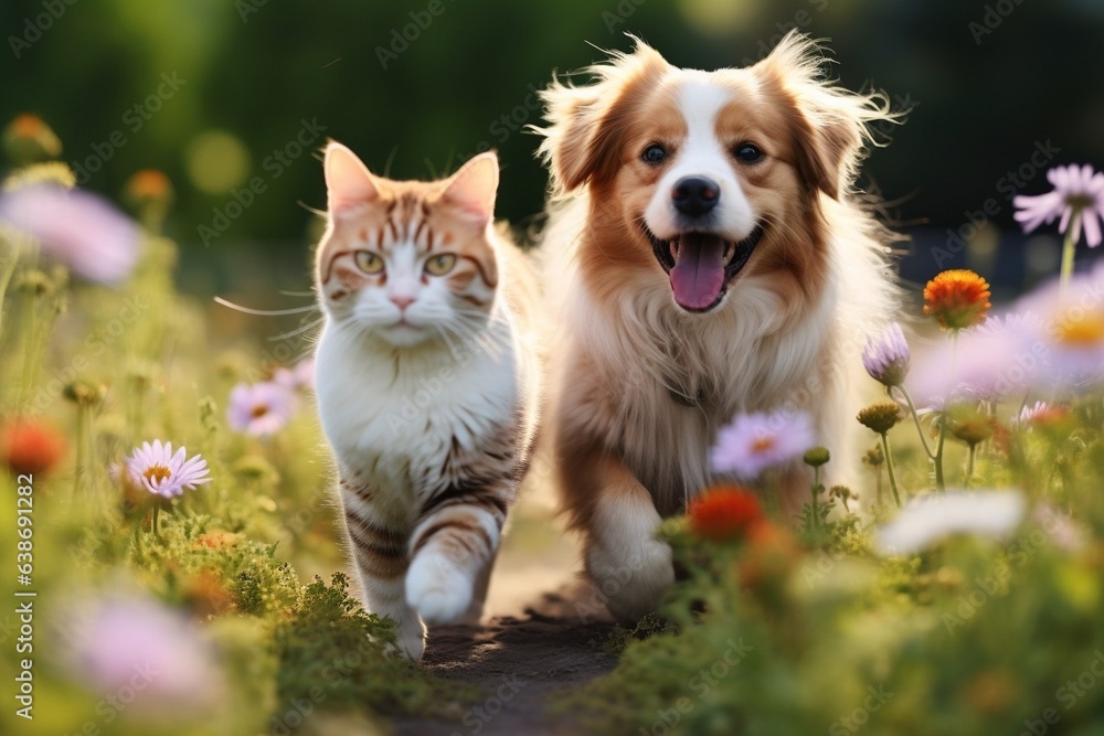 Generative AI : Cute friends a corgi dog and a tabby cat sit together in a sunny spring meadow Generative AI : Cute friends a corgi dog and a tabby cat sit together in a sunny spring meadow