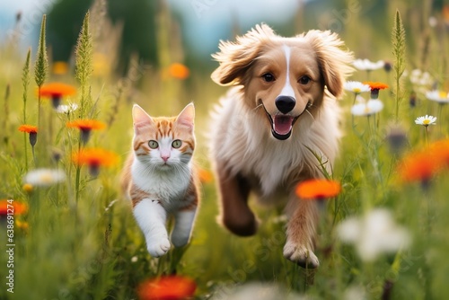 Generative AI : Cute friends a corgi dog and a tabby cat sit together in a sunny spring meadow