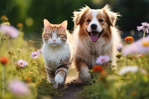 Generative AI : Cute friends a corgi dog and a tabby cat sit together in a sunny spring meadow