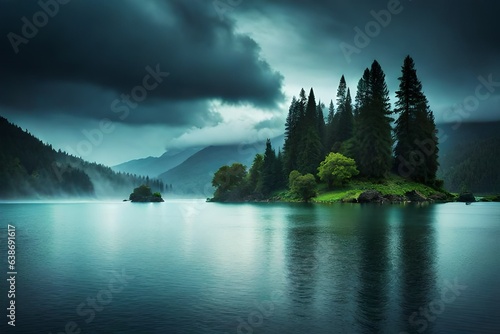 lake in the mountains river in the forest rain effect on nature background. landscape with trees and sky