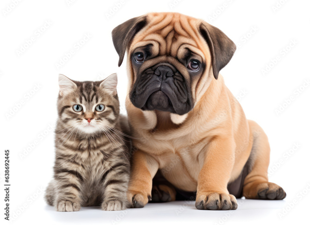 Pug Dog and Curious Kitten, Unlikely Best Friends Isolated on White Background Pug Dog and Curious Kitten, Unlikely Best Friends Isolated on White Background