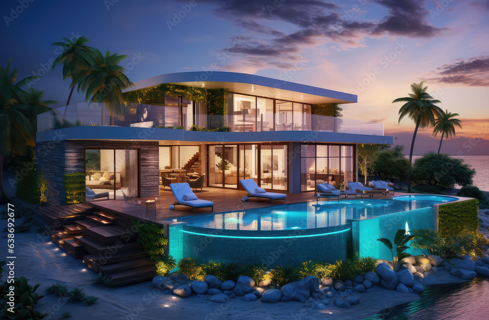 contemporary and luxurious house by the sea, generative AI