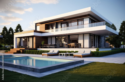 a modern house with many glass windows, big lawn in front, pool, generative AI © Kien