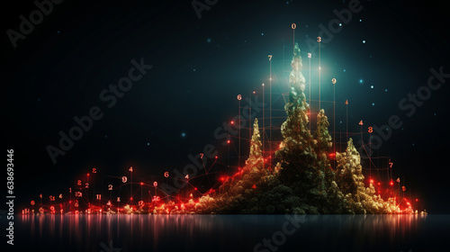 Financial statistic graph in crisis with magic Christmas tree ambient and on background by generative AI. photo