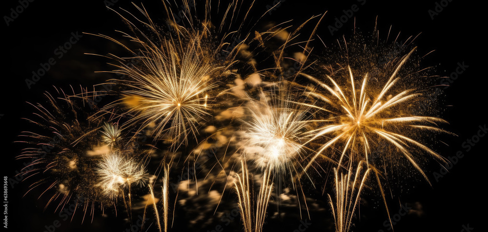 Fireworks Yellow, White, and Gold Explosions in Night Sky, Generative AI