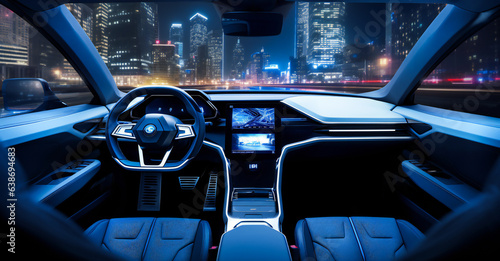 Futuristic interior of a car with digital displays and hologram screens © Adrian Grosu