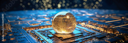 A computer circuit board with a glowing globe on it. Artificial intelligence concept. photo