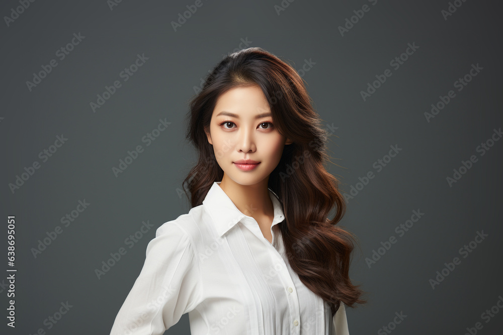 Portrait of a smiling adult woman standing and looking at the camera with a gray background. Portrait of a smiling adult woman standing and looking at the camera with a gray background.
