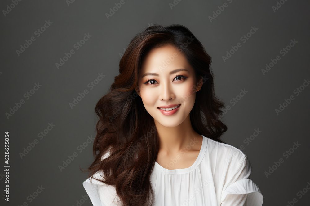 Portrait of a smiling adult woman standing and looking at the camera with a gray background. Portrait of a smiling adult woman standing and looking at the camera with a gray background.