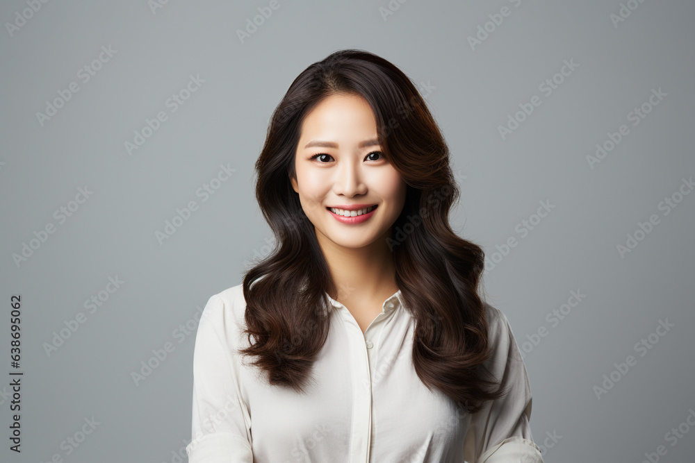 Portrait of a smiling adult woman standing and looking at the camera with a gray background. Portrait of a smiling adult woman standing and looking at the camera with a gray background.