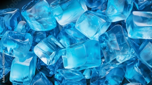 Bright blue frozen water ice cubes.Ice cubes with flashes of light in the dark. Generative AI.