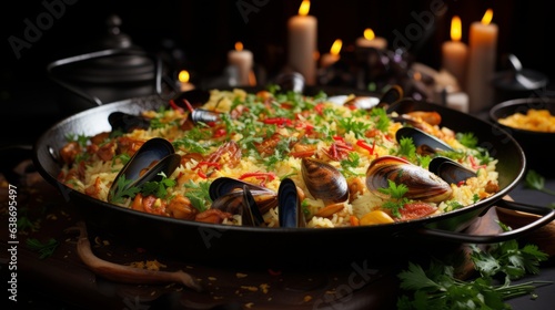 Spanish seafood rice paella traditional background. Food Photography - Spanish Seafood Paella. Generative AI.