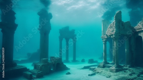 Photo of an underwater view of a submerged building in the ocean