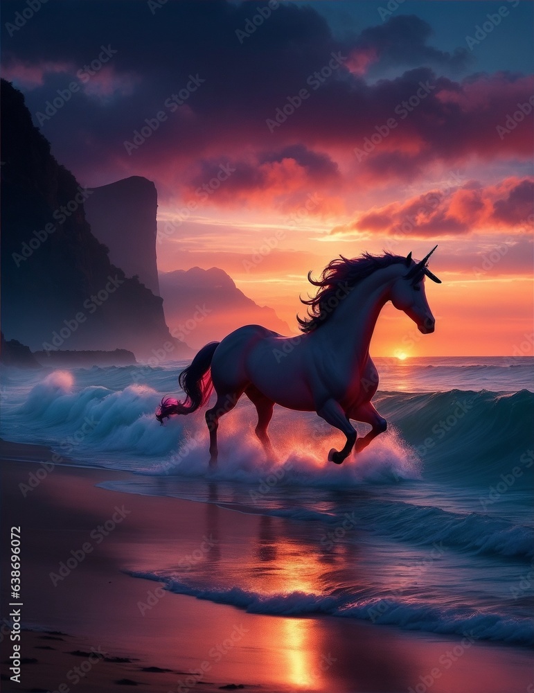 Photo of a majestic unicorn galloping along the sandy beach at sunset Photo of a majestic unicorn galloping along the sandy beach at sunset