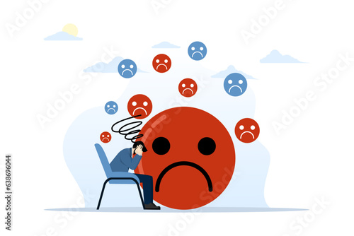 demotivating failure concept, businessman sitting stressed Fatigue due to exhausting work or loss of motivation due to failure. depression concept. Flat vector illustration on a white background.