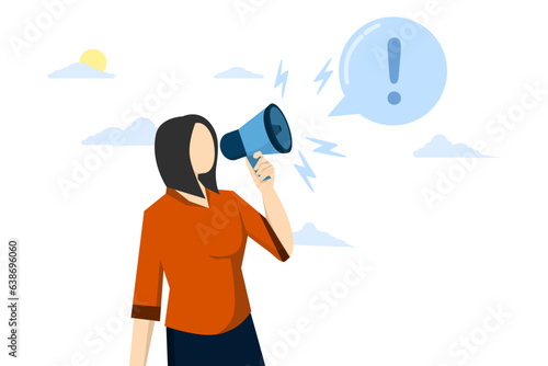 attention announcement concept, important message or communication broadcast, loud speaker or exclamation mark, confident businesswoman speaking in megaphone with attention call.
