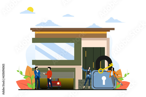 Concept of Buying a house, house keys, protection and security, real estate and turnkey rental, small people making a purchase of a house or property. flat vector illustration on a white background.