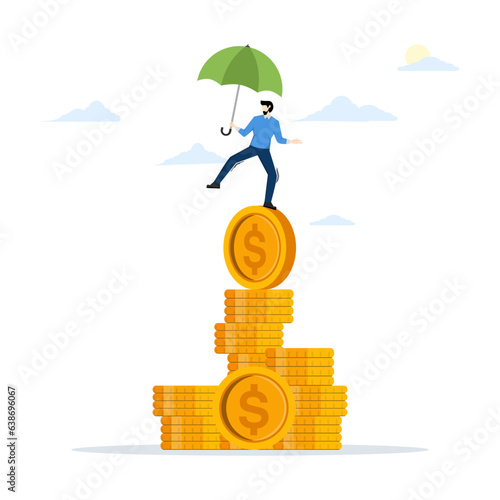 financial stability concept, risk or trust, economic challenges, balance or reliability, money management, wealth accumulation, businessman holding balance umbrella on unstable pile of coins.