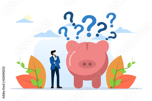 concept of financial question or savings problem, doubt or confusion, banking or economic uncertainty, money contemplation or solution, wealth, confused businessman with piggy bank and question mark.