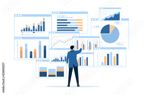 business team analysis and monitoring concept on web report dashboard monitor. data analysis research flat vector illustration design for business financial planning concept, flat vector illustration.