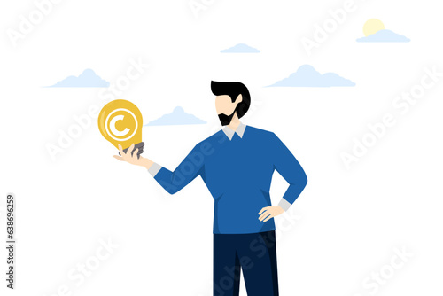 copyright protected concept, trademark intellectual property protection, original idea or innovation, legal protection or registered law, businessman holding light bulb idea with copyright symbol.