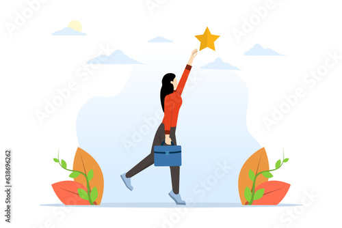 process to reach the stars in career success. fly in the sky happy people. in seventh heaven. the girl trying to reach the stars to success. flat vector illustration on a white background.
