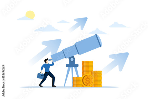 business or Investment concept, Market Opportunity and Predictions. Investor vision. Businessman using binoculars to look for financial opportunities. flat vector illustration on a white background.