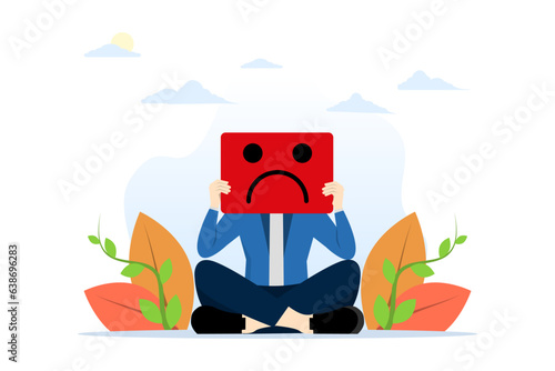stress burden concept, anxiety or negative thinking, anger or emotional cause problems, overworked or overwhelmed concept, mental health or depression, Businessman holding card with bad face.