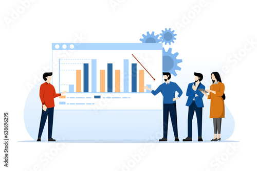 business team analysis and monitoring concept on web report dashboard monitor. data analysis research flat vector illustration design for business financial planning concept  flat vector illustration.